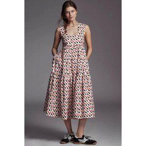 By Anthropologie Square-Neck Tiered Babydoll Dress Lipstick Print XL